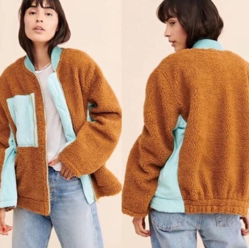We The Free Teddy Fleece Zip Jacket – Brown & Blue Contrast Cozy Bomber Size L